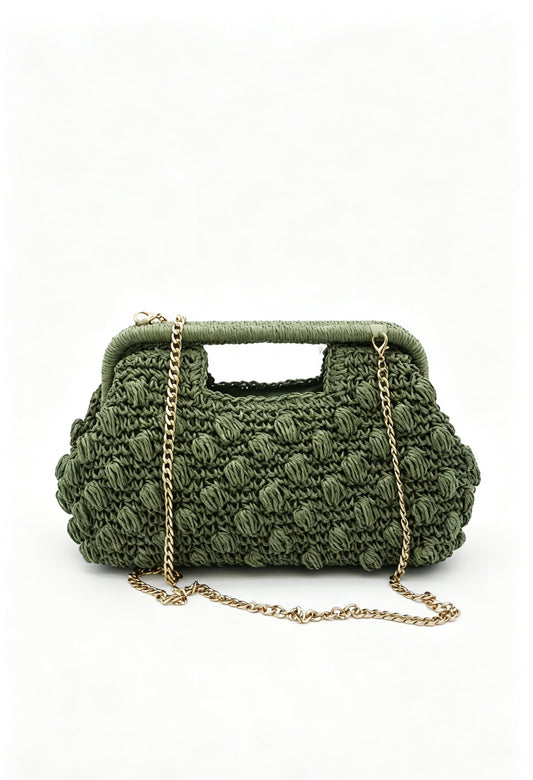 Hand Crochet Raffia Bobble Clutch Bag, Brown Evening Purse, Gold Chain Crossbody Straw Bag