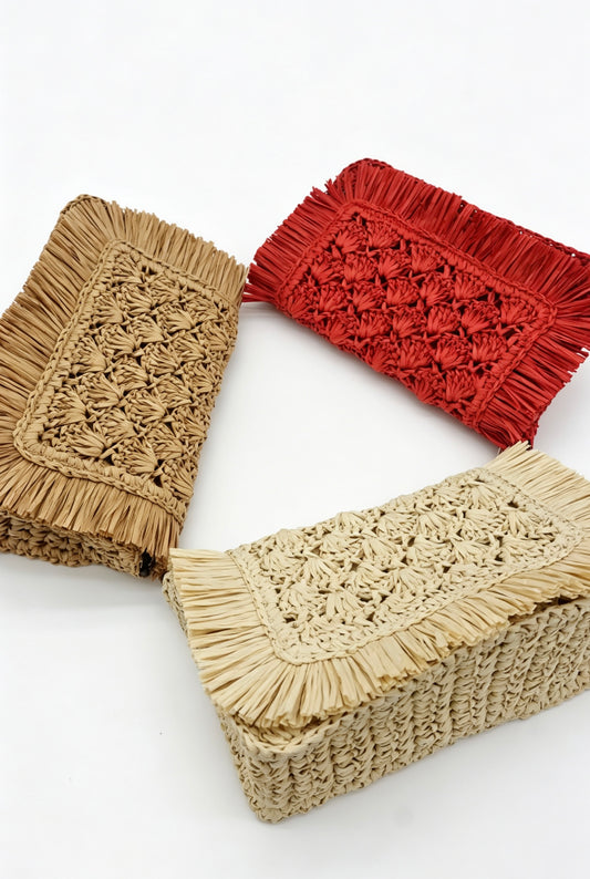 Fringe Straw Crossbody Clutch – Textured Woven Flap Purse – 3 Color Boho Shoulder Handbag