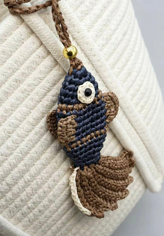 Handwoven Straw Fish Charm - Natural Nautical Bag Accessory - Keychain