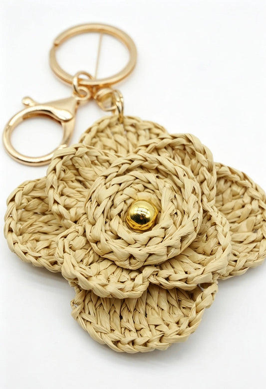 Crochet Raffia Rose Keychain - Gold Bead Floral Bag Charm