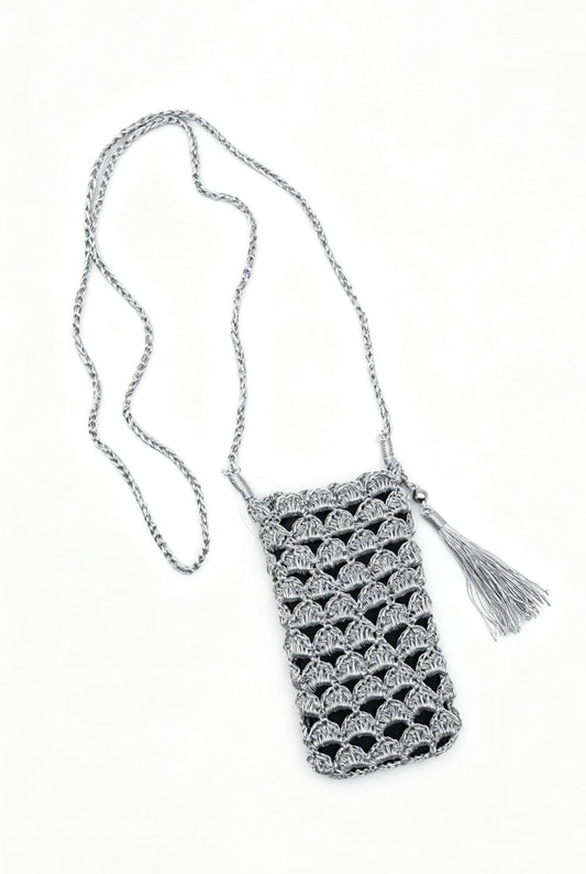 Crochet Raffia Silver Metallic Cell Phone Crossbody Bag