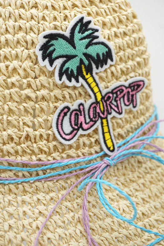 Crochet Raffia Bucket Hat - Palm Tree Patch - Multicolor Bow