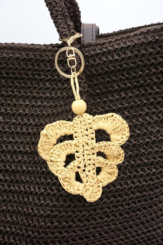 Crochet Raffia Leaf Bag Charm - Woven Floral Keychain