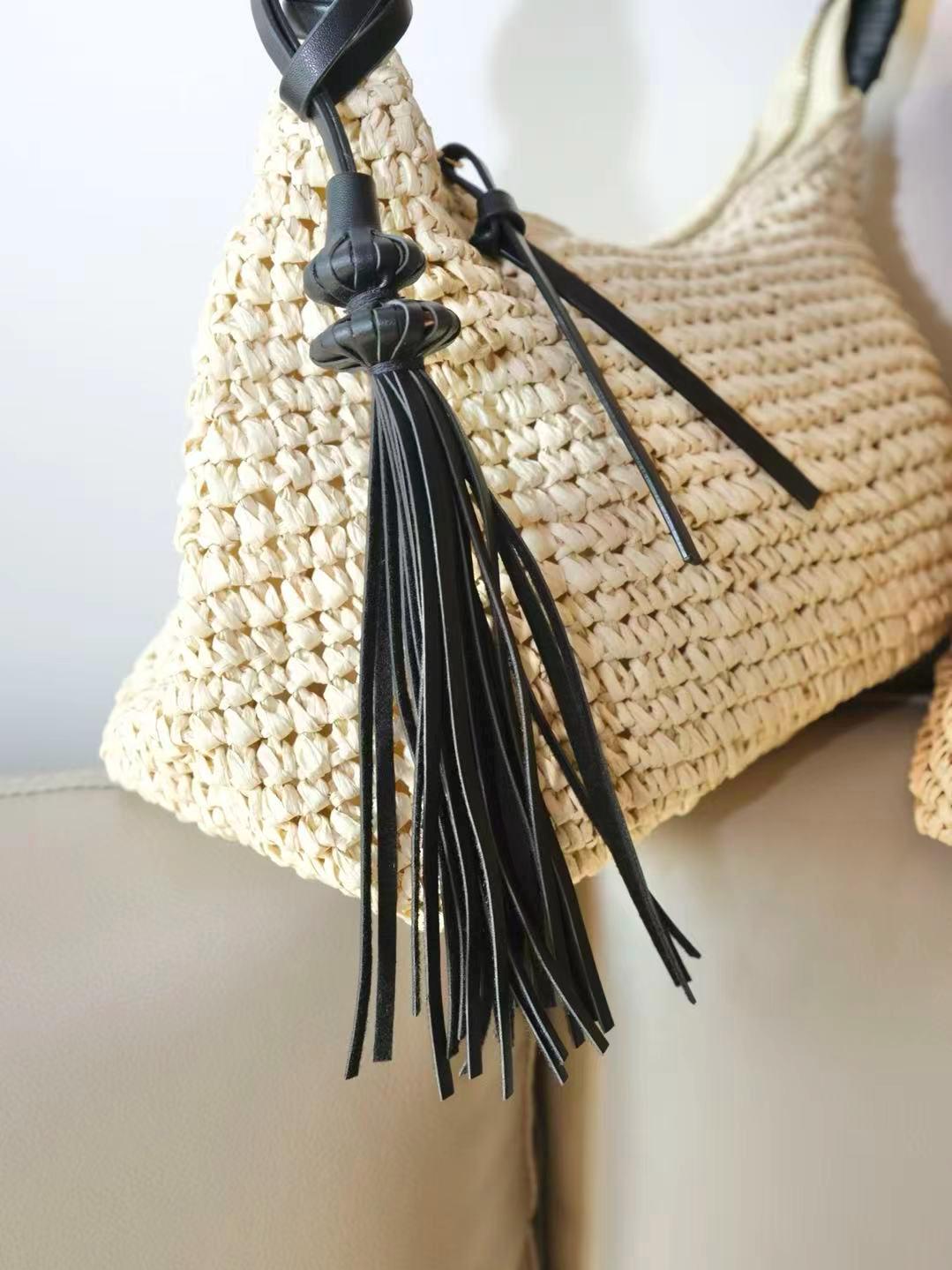 Woven Straw Hobo Bag – Faux Leather Tassel Underarm Purse – Boho Summer Handbag