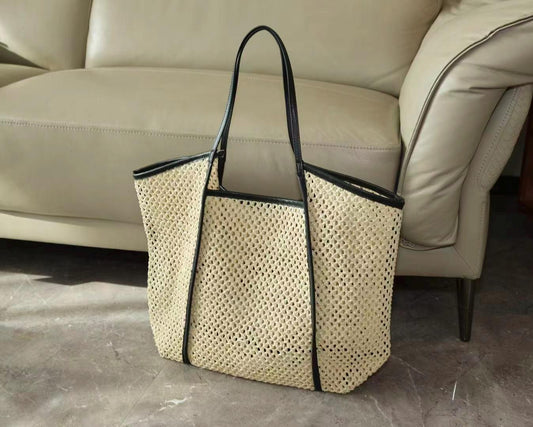 Open Mesh Straw Tote Bag - Faux Leather Trim Large Market Shopper - Black