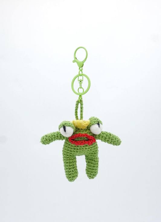 Hand-Crocheted Frog Prince Keychain - Crown Frog Bag Charm