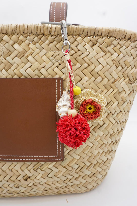 Raffia Flower Pom Pom Charm - Conch Shell Tassel Keychain