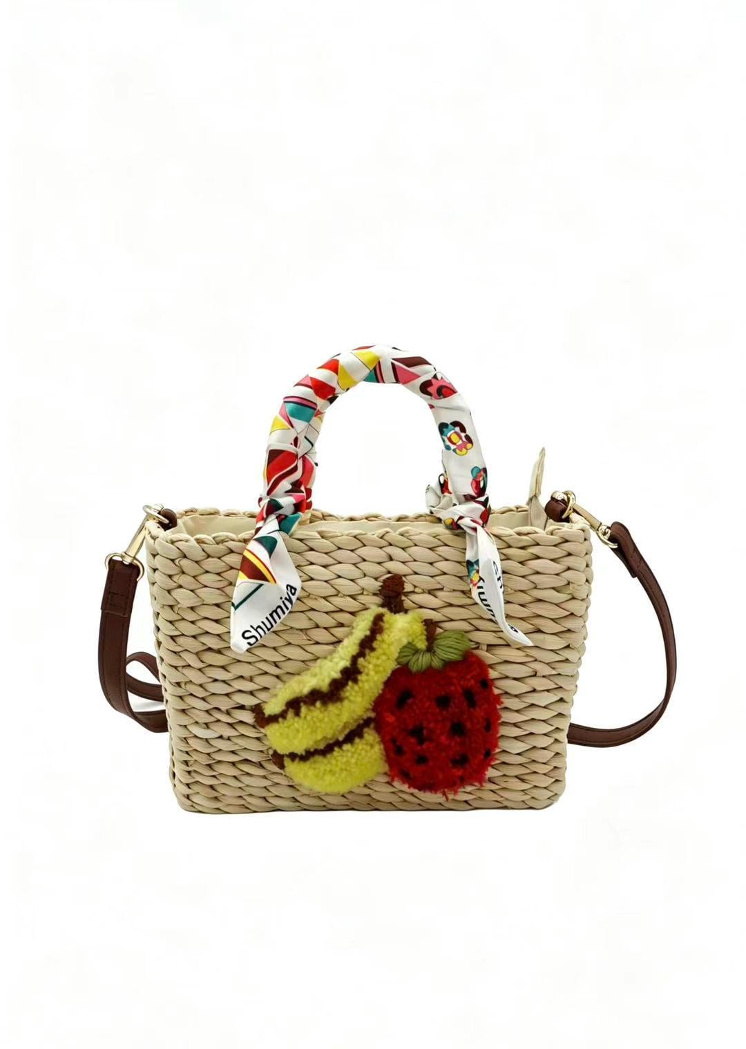 Handwoven Corn Husk Tote Bag – 3D Tufted Fruit Summer Beach Purse