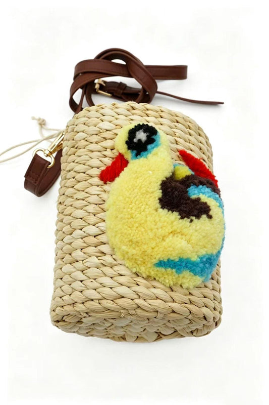Handwoven Corn Husk Cylinder Bag with 3D Tufted "Little Duck"