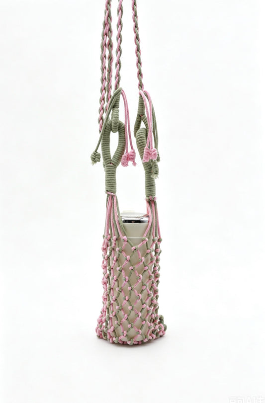 Two-Tone Sage Pink Macrame Phone Sling: Boho Crossbody Water Bottle - Pink