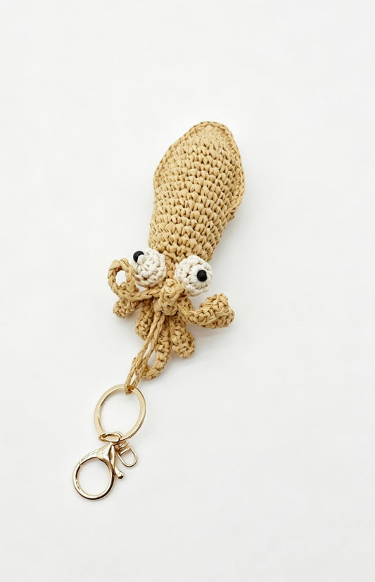 Crochet Raffia Squid Charm - Crochet Mini Cephalopod Keychain