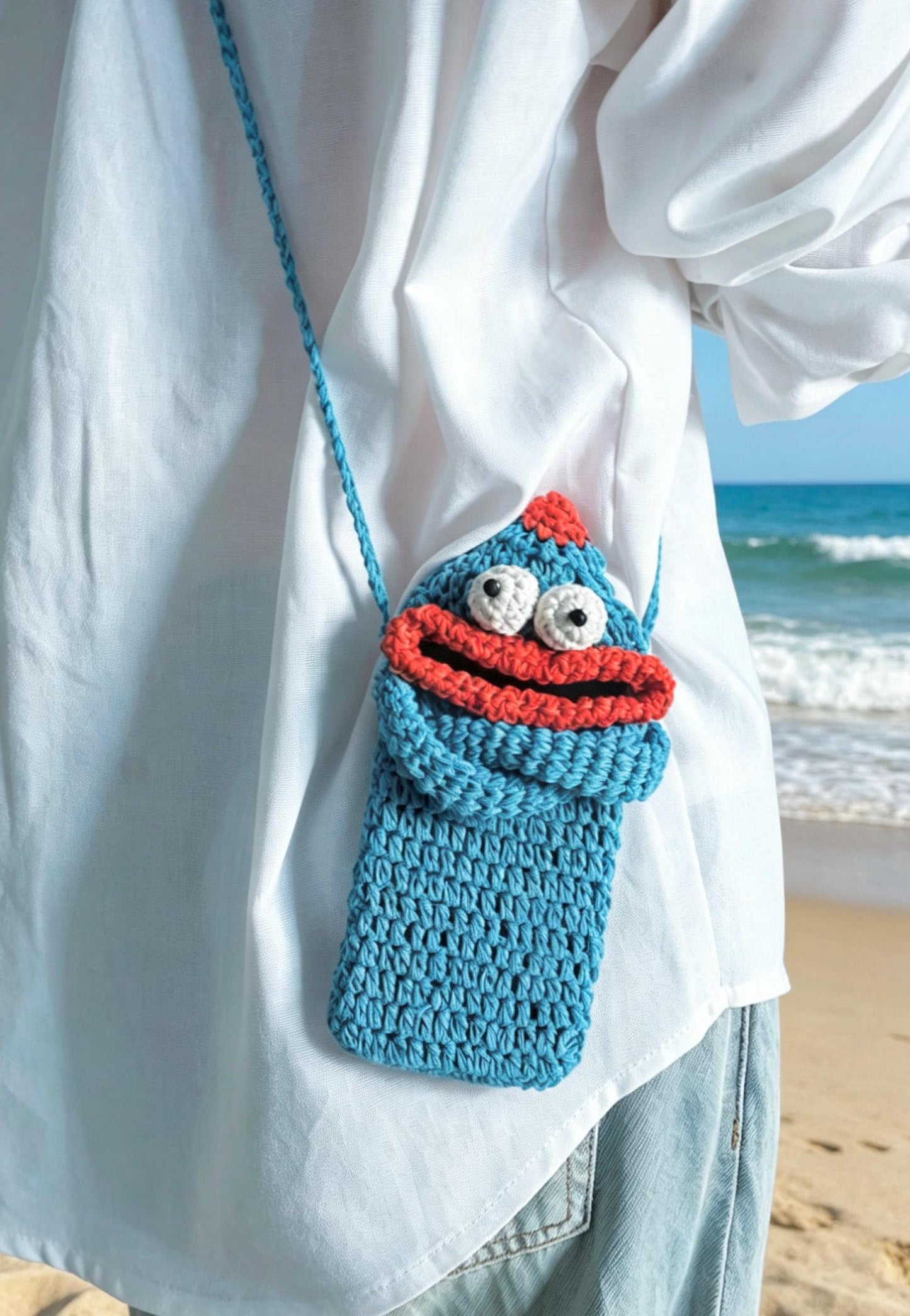 Crocheted Monster Phone Bag, Cotton Yarn Sling Purse, Kawaii Shoulder Bag