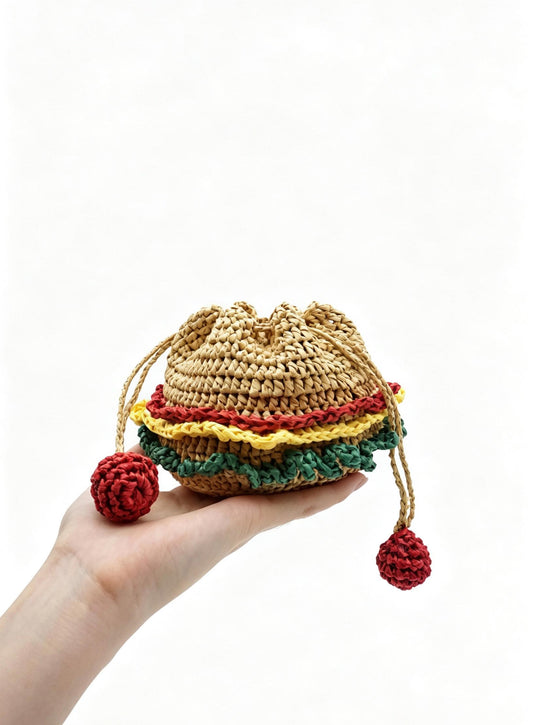 Raffia Wine Tote Bag: Hand-Crocheted Drawstring Mini Pouch