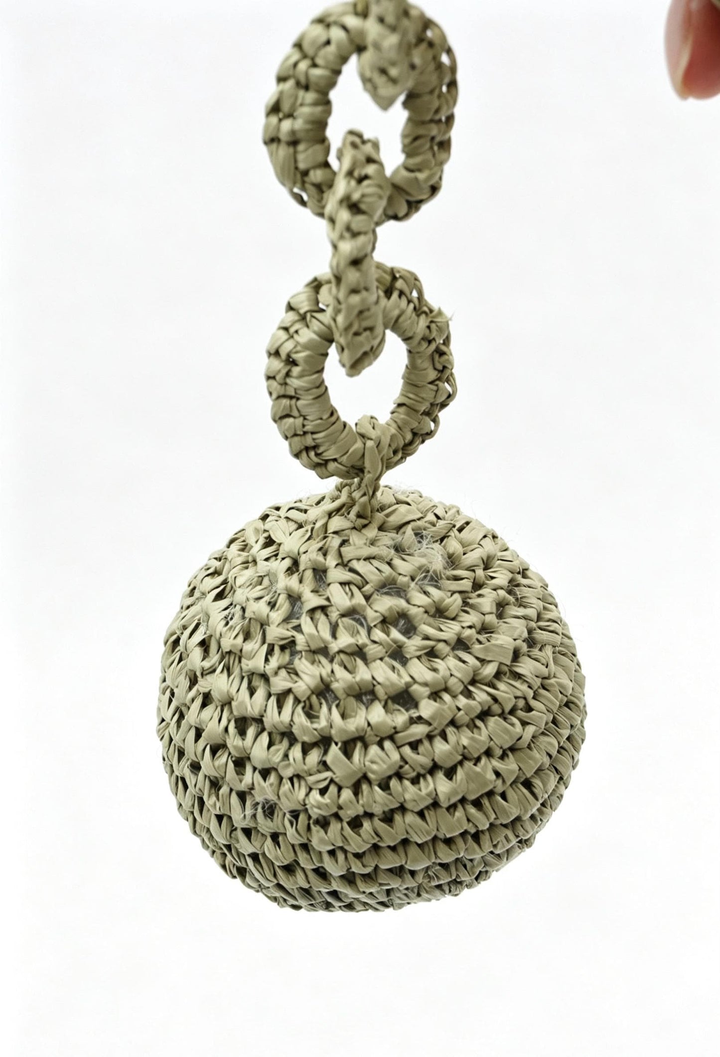 Hand Crochet Raffia Ball Bag Charm, Boho Woven Keychain, Sage Green Summer Accessory
