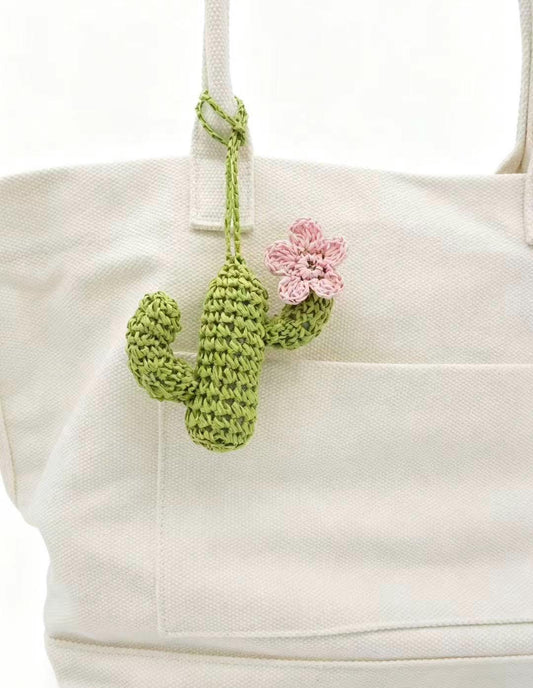 Blush Pink Flower Cactus Bag Charm: Hand Crochet Cotton Keychain