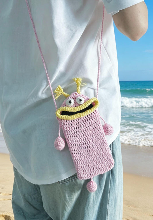 Crocheted Monster Phone Bag - Cotton Yarn Sling Purse - Blue