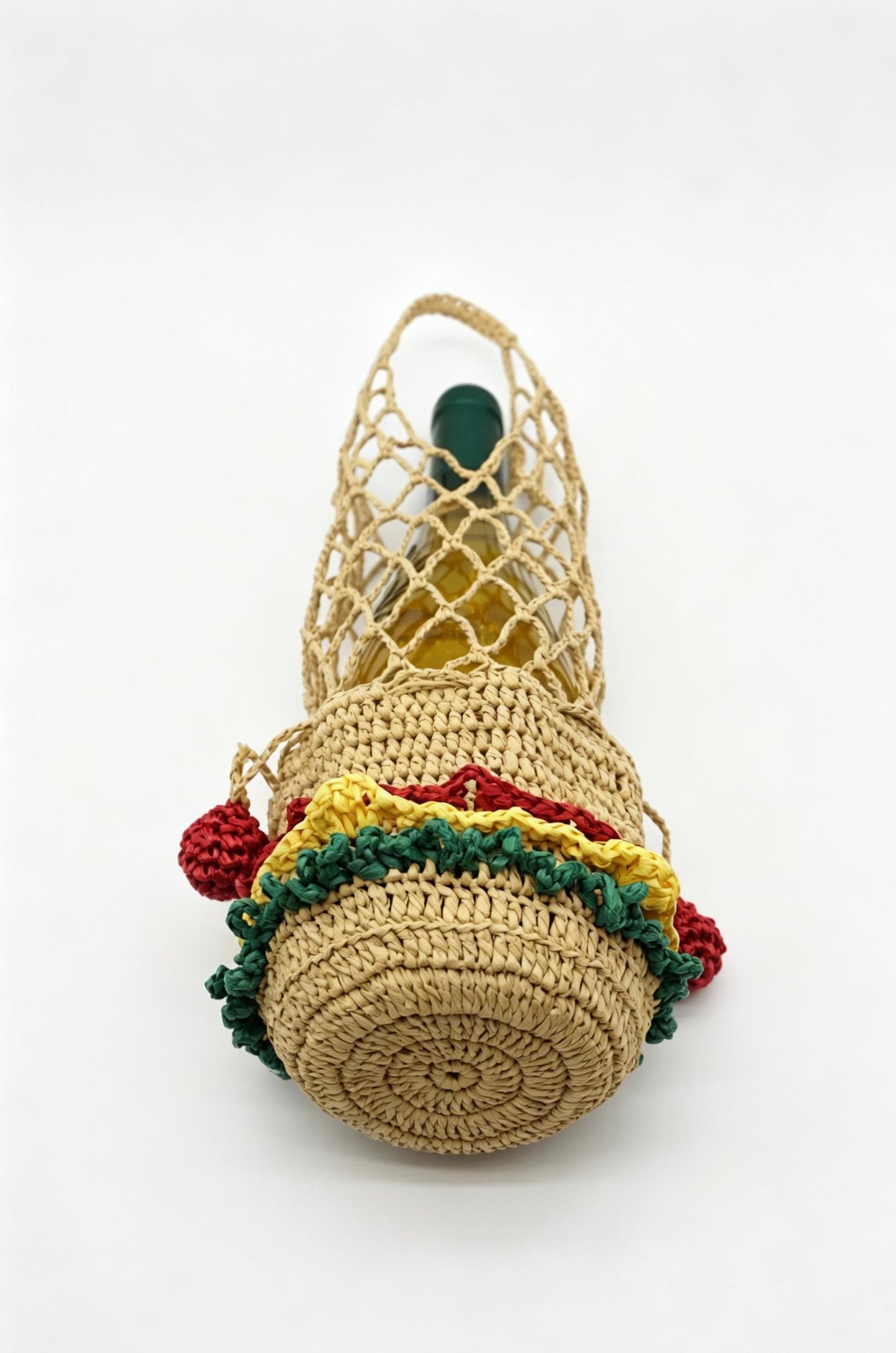 Raffia Wine Tote Bag: Hand Crochet Drawstring Mini Pouch