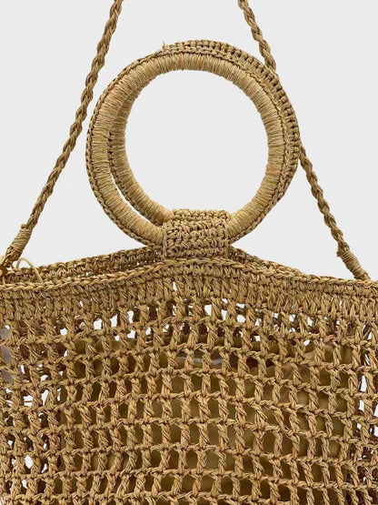 Boho Woven Circle-Handle Beach Bag — Natural Straw Tote