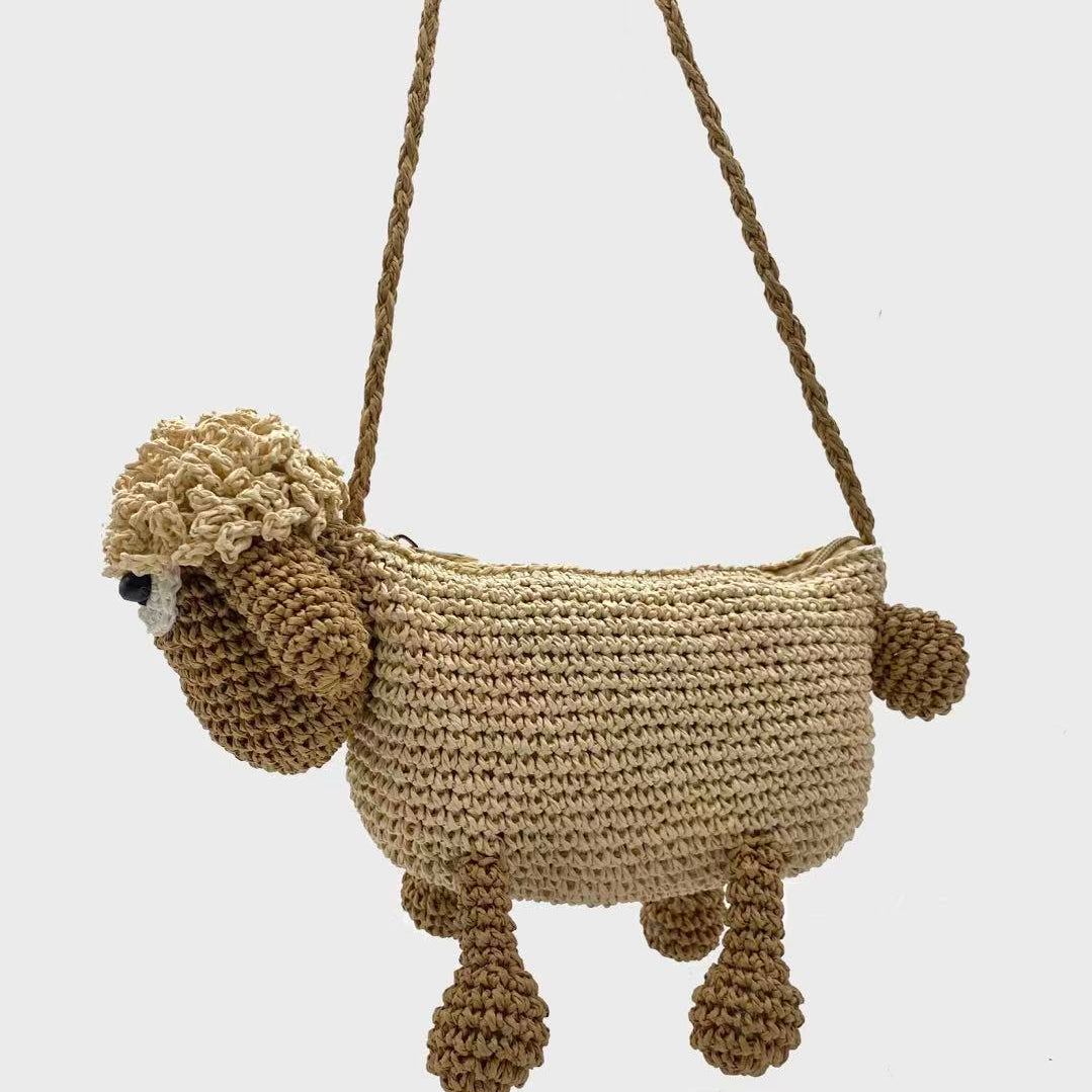 Handmade Sheep Crossbody Bag – Cute Woven Straw Animal Purse for Women & Kids
