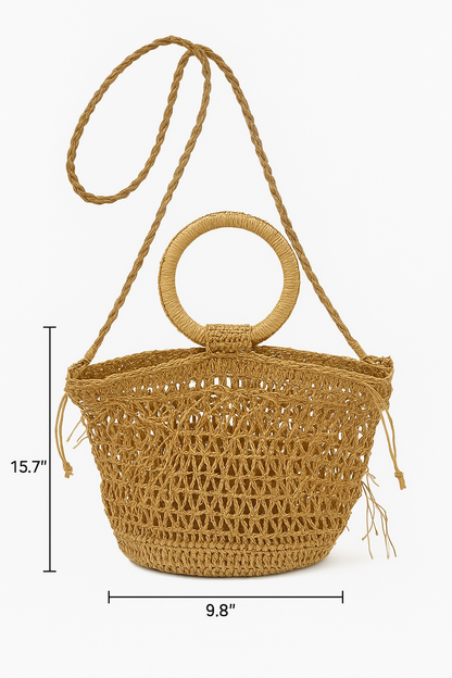 Boho Woven Circle-Handle Beach Bag — Natural Straw Tote