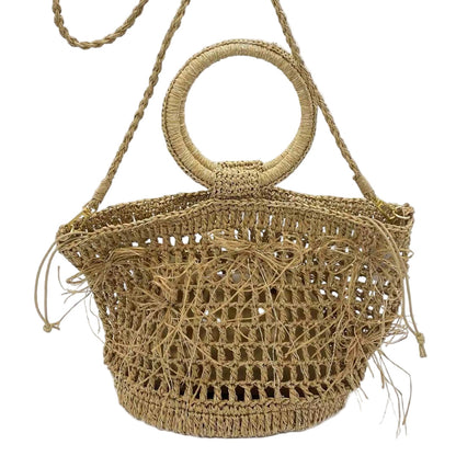 Boho Woven Circle-Handle Beach Bag — Natural Straw Tote