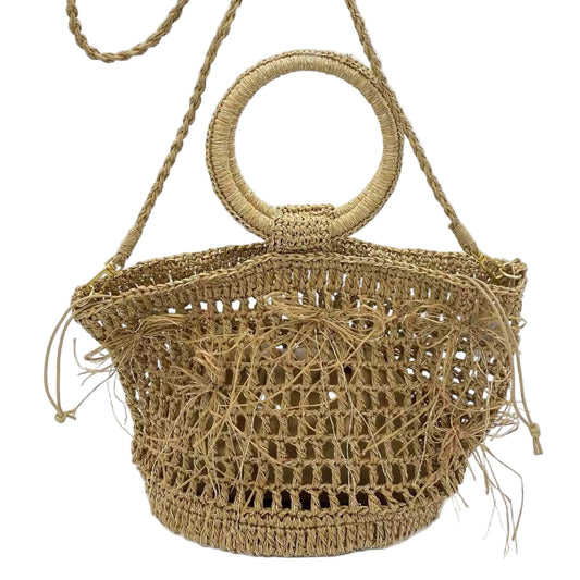 Boho Woven Circle-Handle Beach Bag — Natural Straw Tote