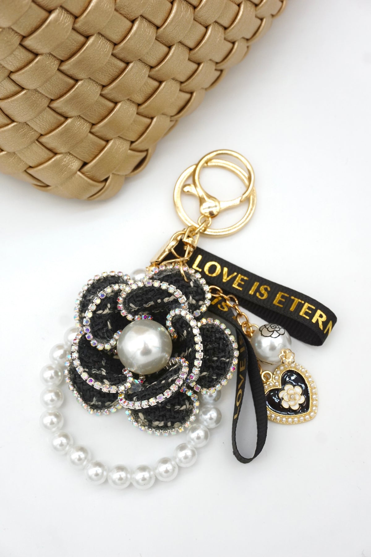 Camellia pendant keychain for small bags and accessories with a