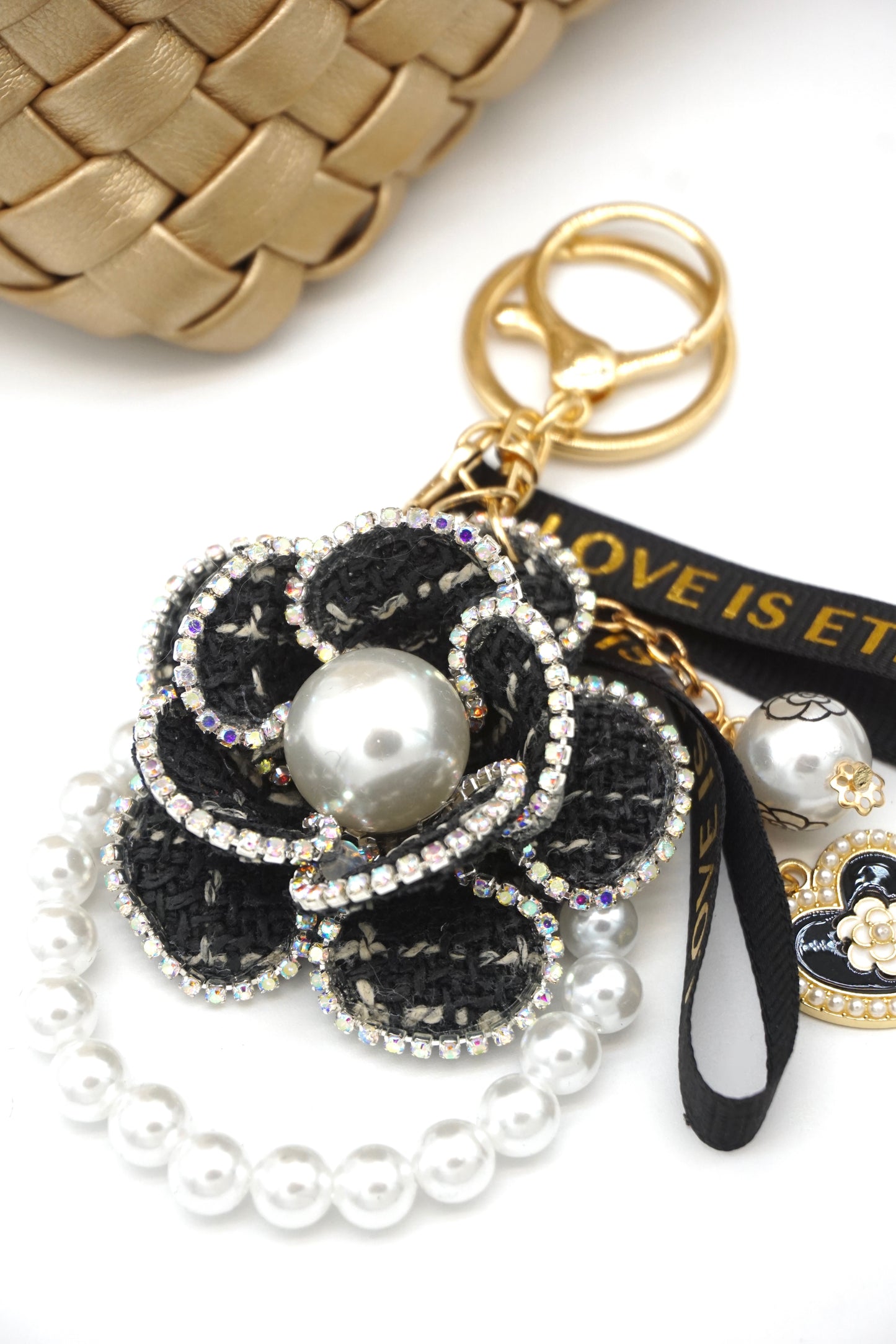 Camellia pendant keychain for small bags and accessories with a