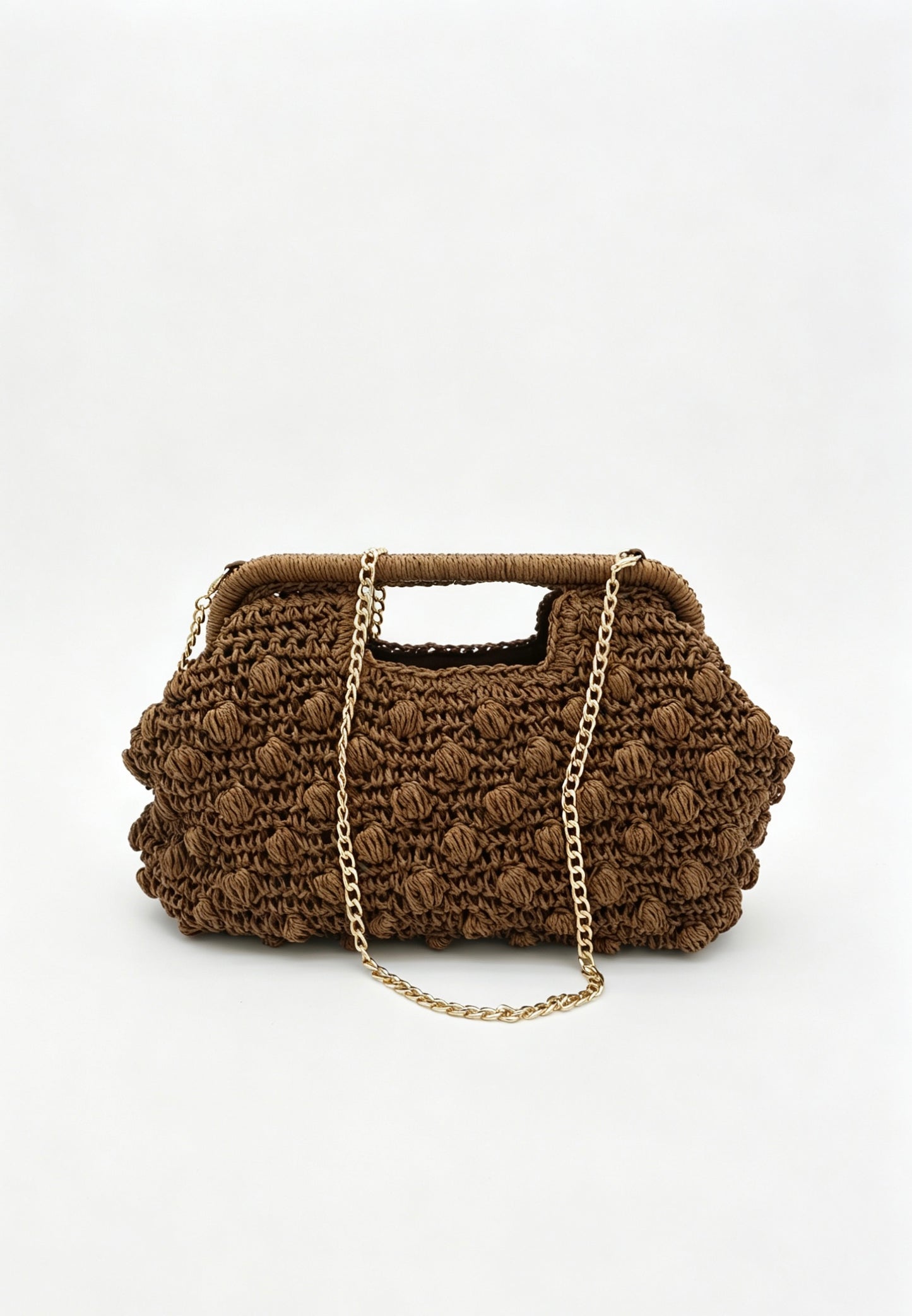 Hand Crochet Raffia Bobble Clutch Bag, Brown Evening Purse, Gold Chain Crossbody Straw Bag