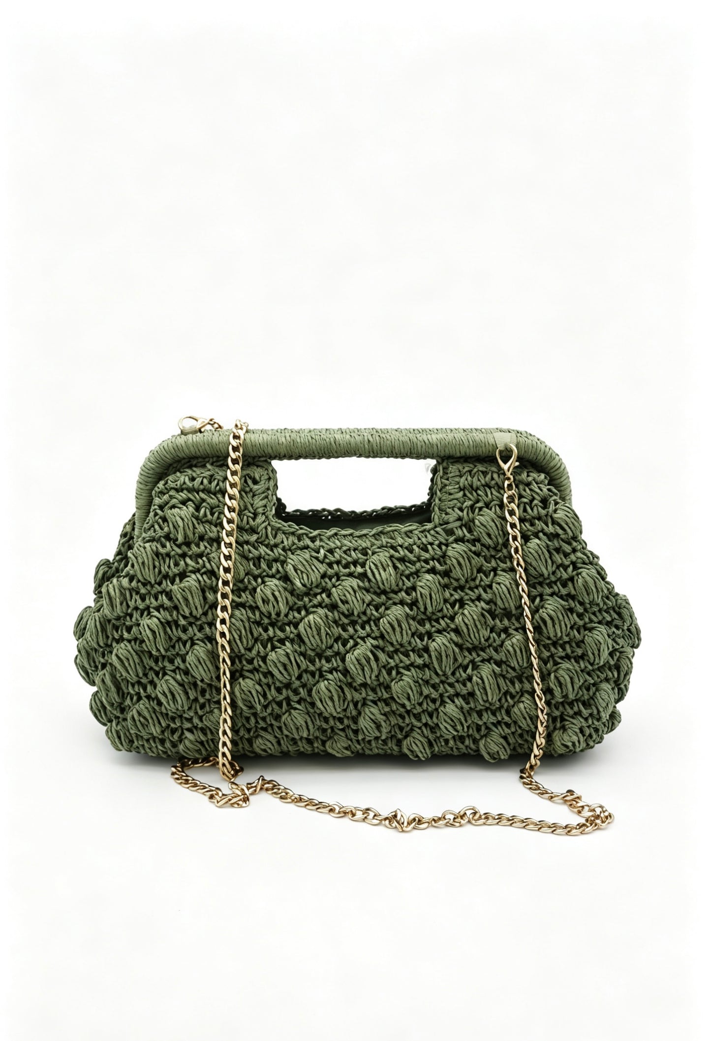 Hand Crochet Raffia Bobble Clutch Bag, Brown Evening Purse, Gold Chain Crossbody Straw Bag