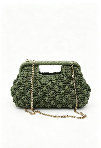 Hand Crochet Raffia Bobble Clutch Bag, Brown Evening Purse, Gold Chain Crossbody Straw Bag