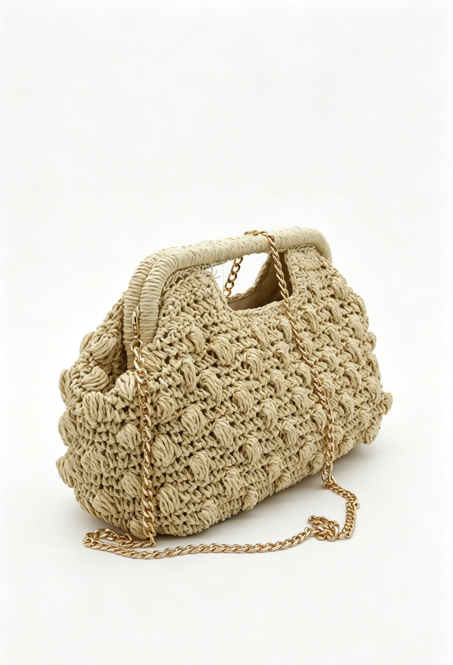 Hand Crochet Raffia Bobble Clutch Bag, Brown Evening Purse, Gold Chain Crossbody Straw Bag