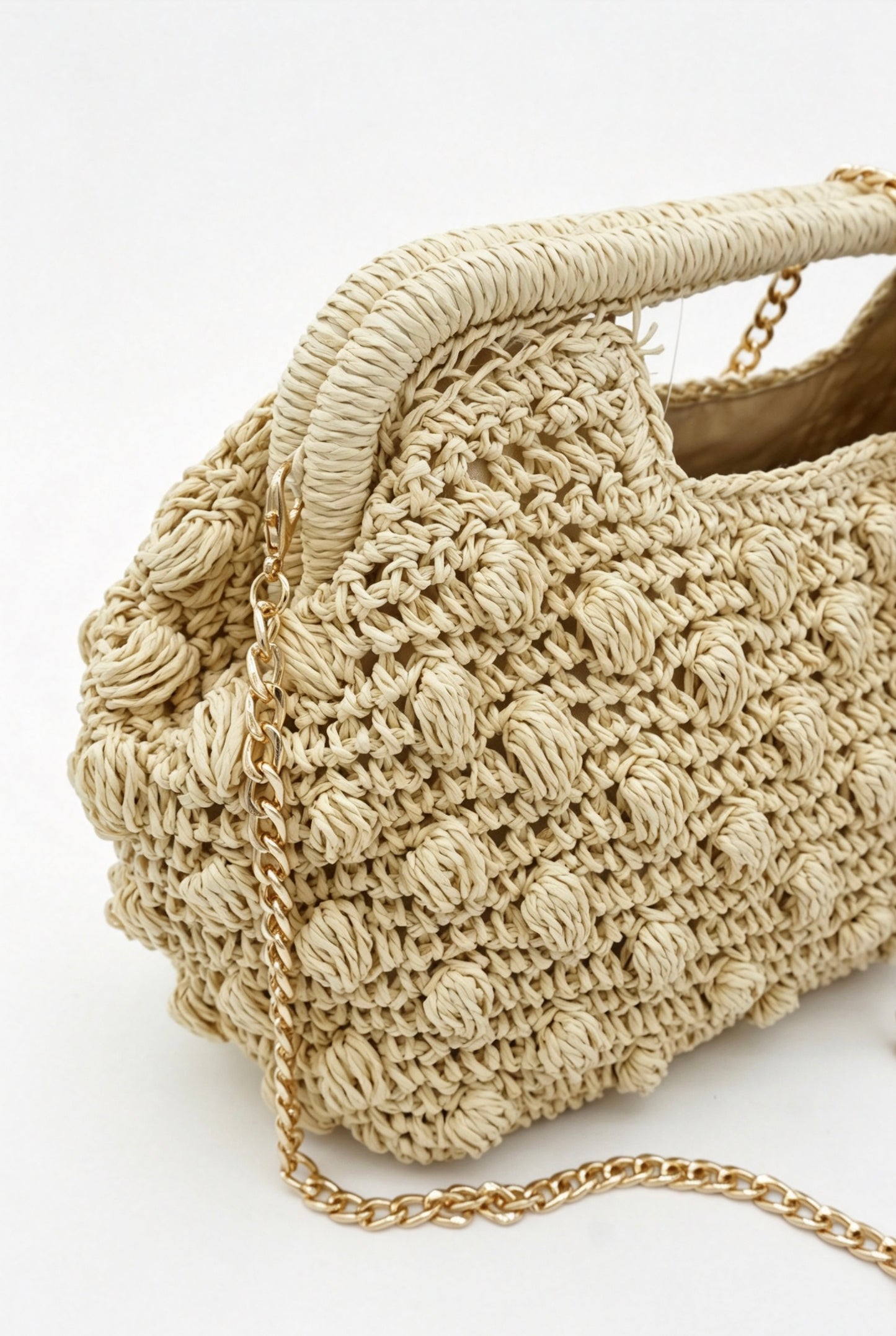 Hand Crochet Raffia Bobble Clutch Bag, Brown Evening Purse, Gold Chain Crossbody Straw Bag