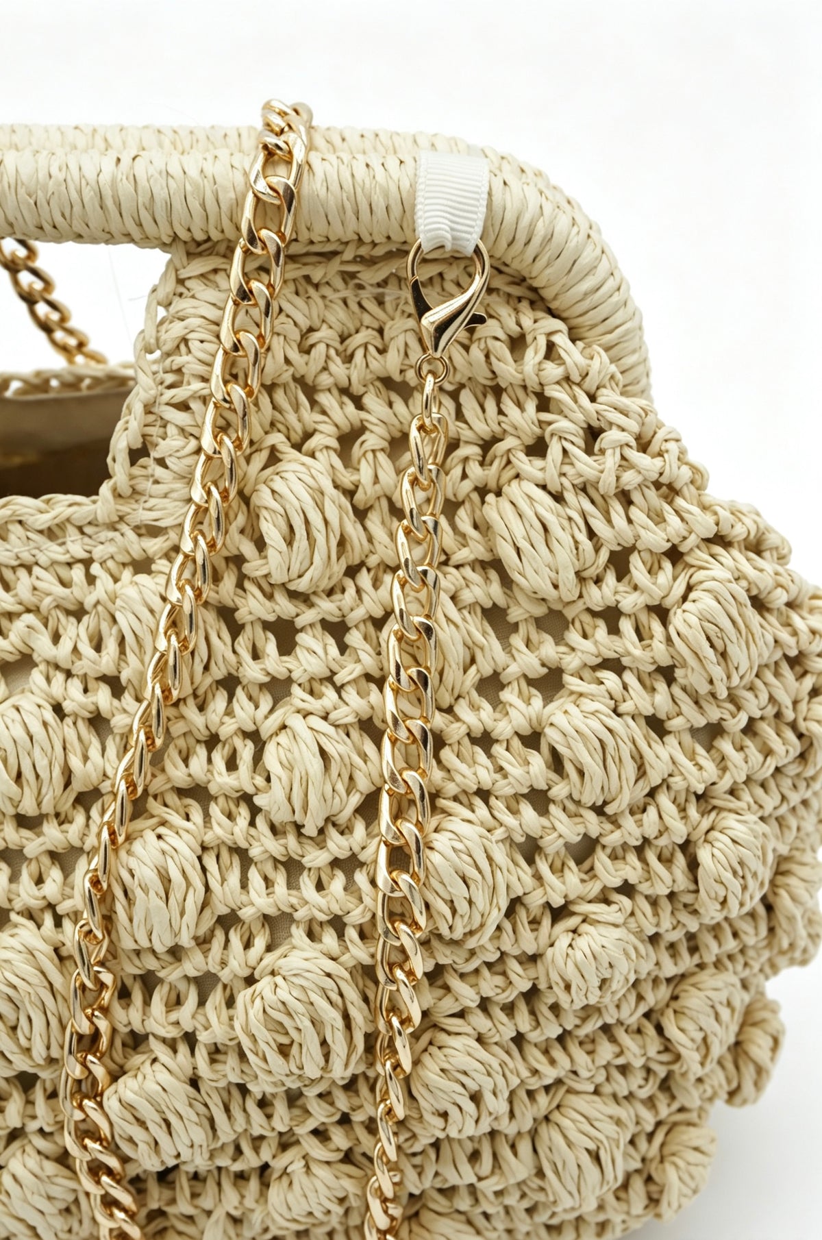 Hand Crochet Raffia Bobble Clutch Bag, Brown Evening Purse, Gold Chain Crossbody Straw Bag