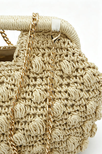 Hand Crochet Raffia Bobble Clutch Bag, Brown Evening Purse, Gold Chain Crossbody Straw Bag