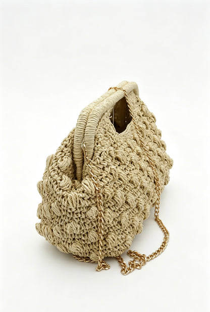 Hand Crochet Raffia Bobble Clutch Bag, Brown Evening Purse, Gold Chain Crossbody Straw Bag