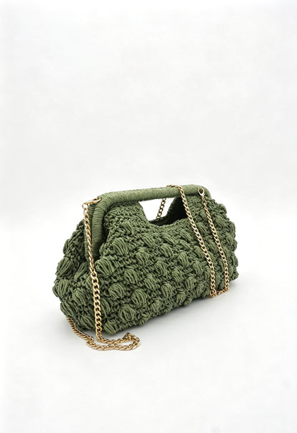 Hand Crochet Raffia Bobble Clutch Bag, Brown Evening Purse, Gold Chain Crossbody Straw Bag