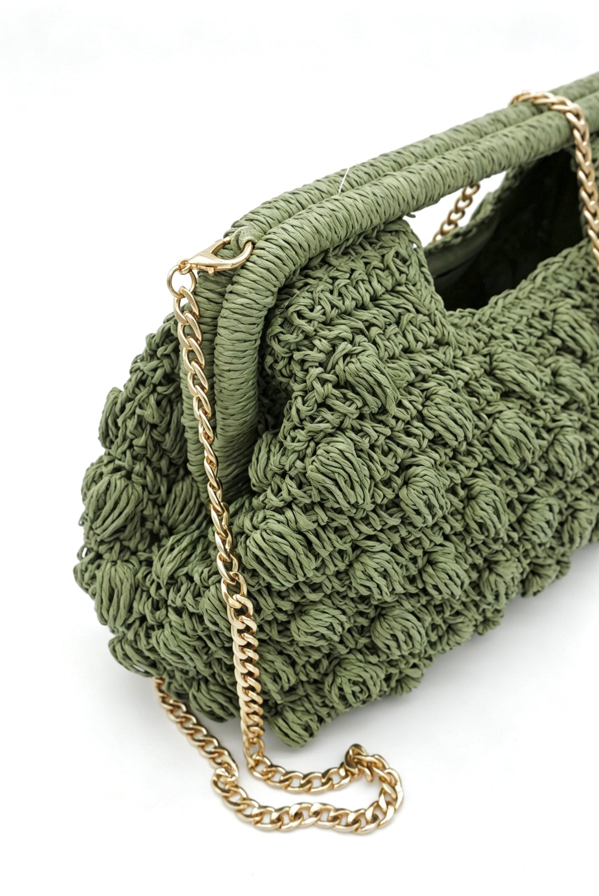Hand Crochet Raffia Bobble Clutch Bag, Brown Evening Purse, Gold Chain Crossbody Straw Bag