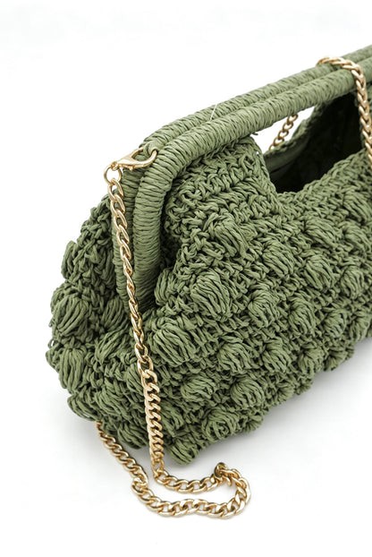 Hand Crochet Raffia Bobble Clutch Bag, Brown Evening Purse, Gold Chain Crossbody Straw Bag