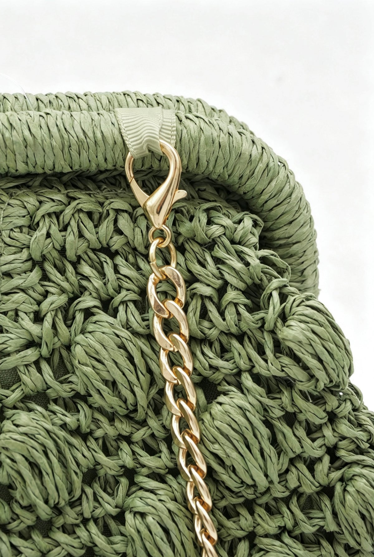 Hand Crochet Raffia Bobble Clutch Bag, Brown Evening Purse, Gold Chain Crossbody Straw Bag
