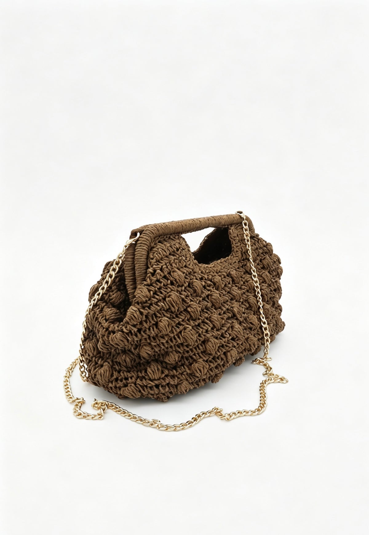 Hand Crochet Raffia Bobble Clutch Bag, Brown Evening Purse, Gold Chain Crossbody Straw Bag