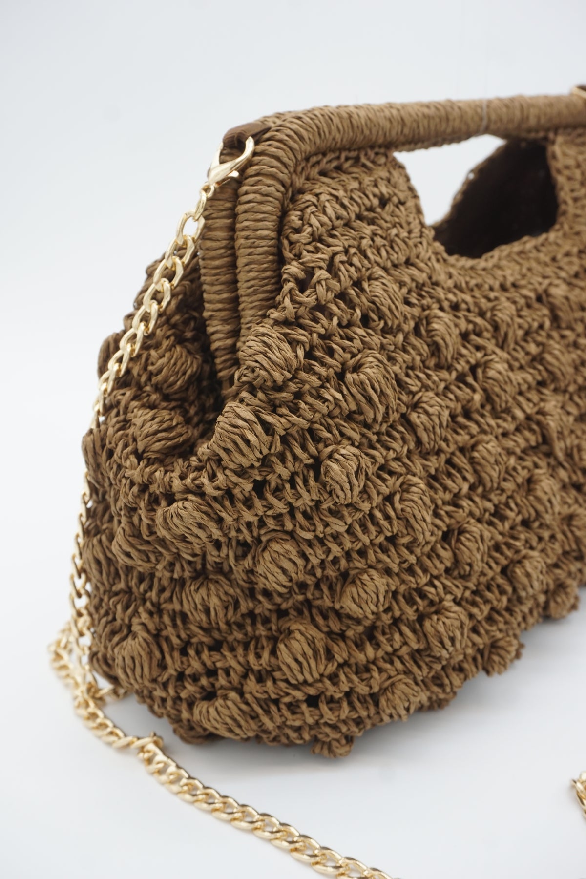 Hand Crochet Raffia Bobble Clutch Bag, Brown Evening Purse, Gold Chain Crossbody Straw Bag