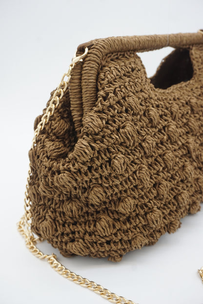 Hand Crochet Raffia Bobble Clutch Bag, Brown Evening Purse, Gold Chain Crossbody Straw Bag