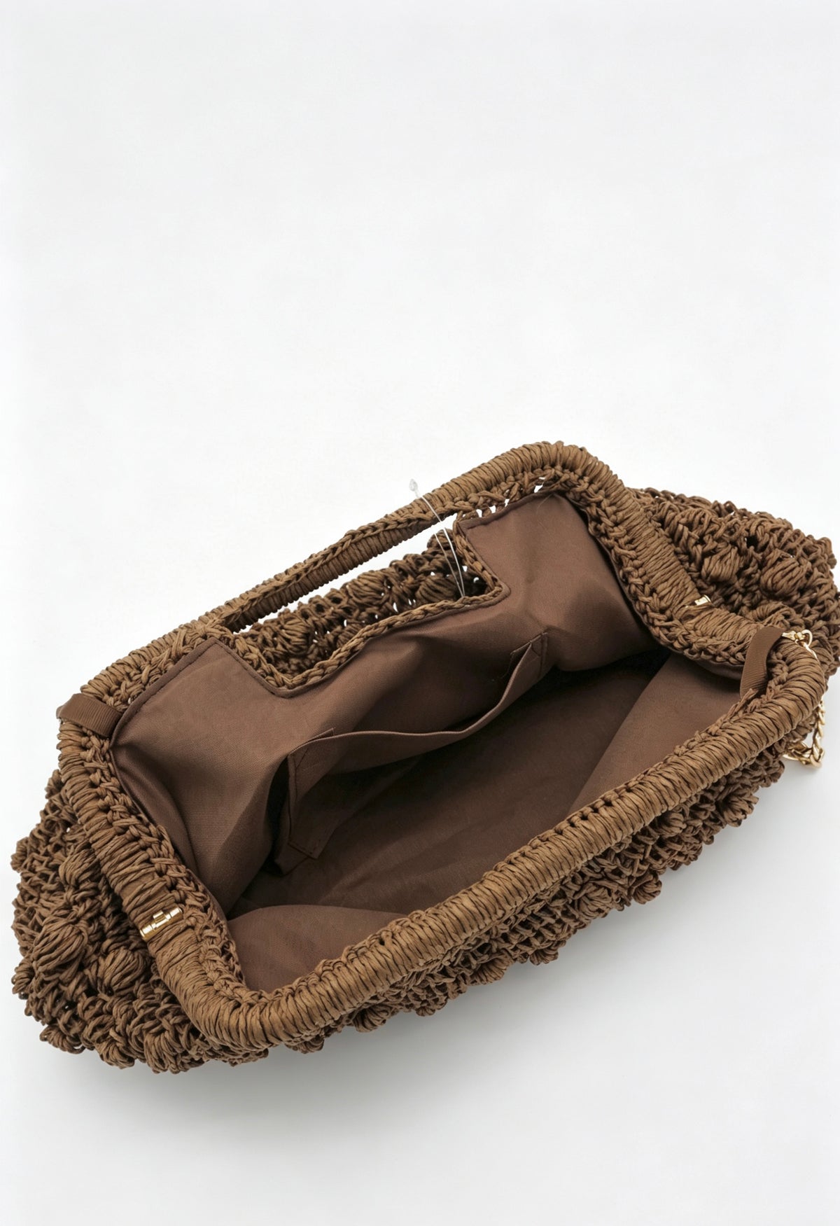 Hand Crochet Raffia Bobble Clutch Bag, Brown Evening Purse, Gold Chain Crossbody Straw Bag