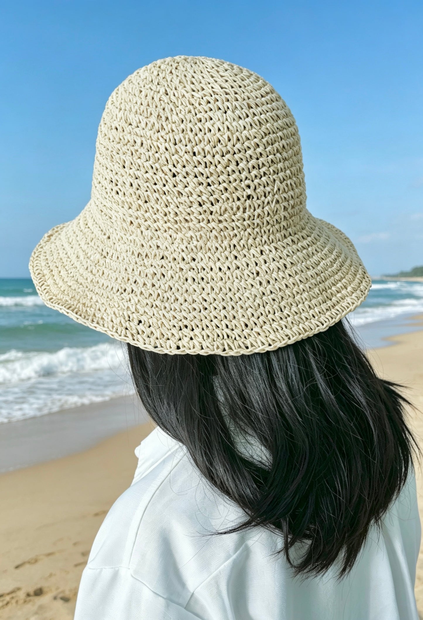 Hand Crochet Raffia Bucket Hat – Wide Brim Boho Summer Sun Protection