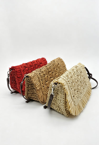 Fringe Straw Crossbody Clutch – Textured Woven Flap Purse – 3 Color Boho Shoulder Handbag