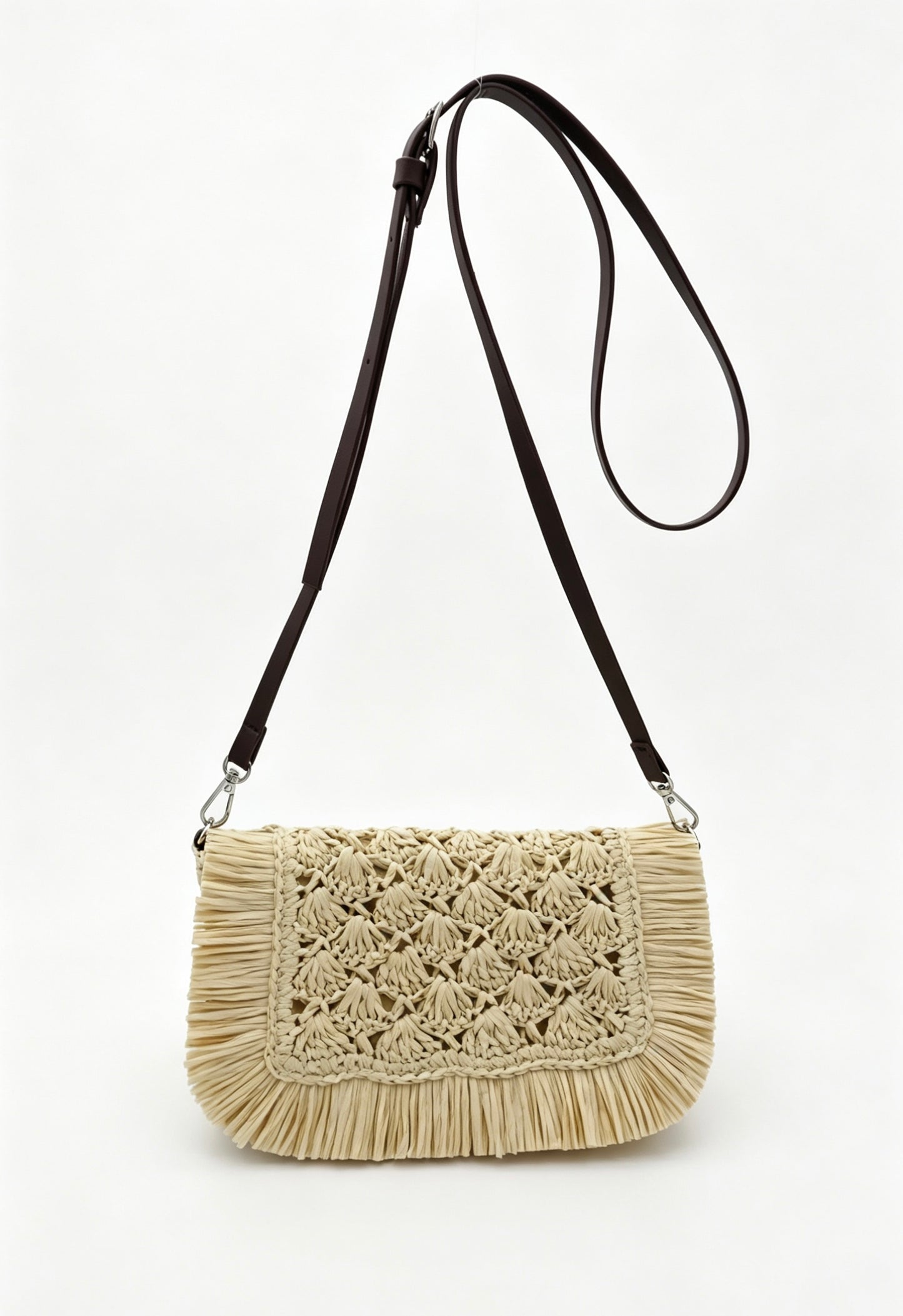 Fringe Straw Crossbody Clutch – Textured Woven Flap Purse – 3 Color Boho Shoulder Handbag