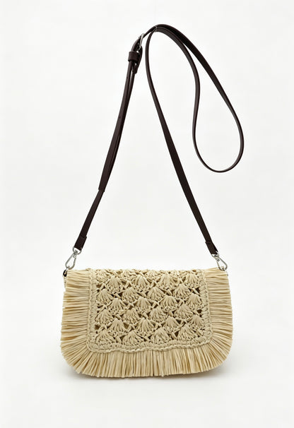 Fringe Straw Crossbody Clutch – Textured Woven Flap Purse – 3 Color Boho Shoulder Handbag