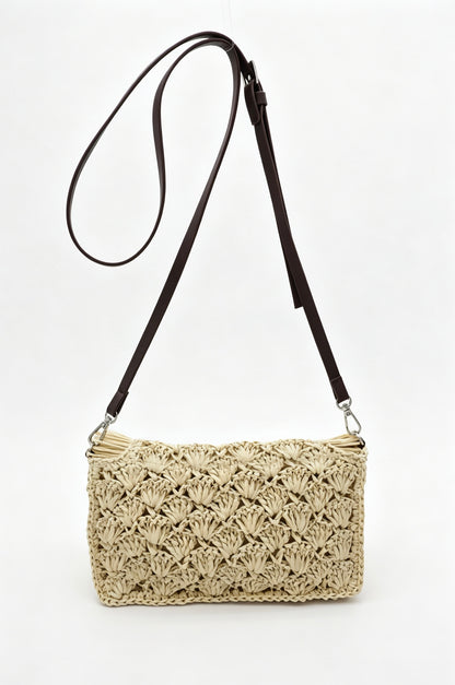 Fringe Straw Crossbody Clutch – Textured Woven Flap Purse – 3 Color Boho Shoulder Handbag