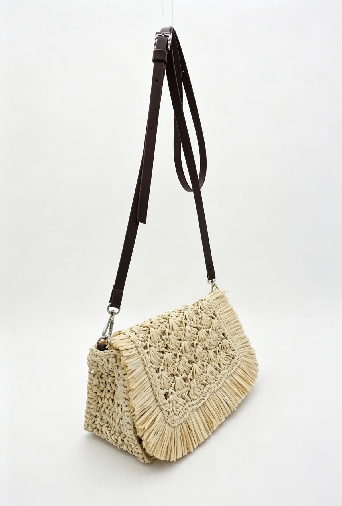 Fringe Straw Crossbody Clutch – Textured Woven Flap Purse – 3 Color Boho Shoulder Handbag